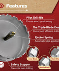 Image showing features of Heavy Duty 4 Inch Carbide Hole Saw for Hard Metal with labeled pilot drill bit and ejector spring.