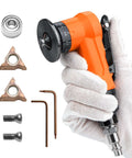 Front view of orange 2-in-1 mini air chamfer tool with adjustable dial; carbide inserts, screws, and Allen wrenches.