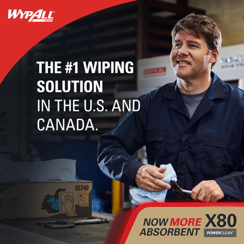 Worker using PowerClean X80 Cloths Heavy Duty Wipes Brag Box Blue 152 Sheets Per Box Extra Absorbent Wipes in shop