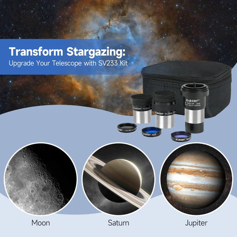7 Piece Telescope Eyepiece And Filter Accessory Kit With 1.25 Inch Eyepieces, 2x Barlow Lens, Three Filters And Hard Case