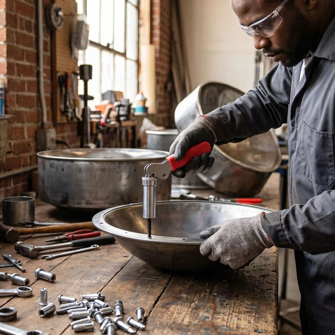 Heavy Duty Steel Drum Fastener Plunger Tool Fits Size Six Components With 0.158 Inch Inner Diameter in use on a metal bowl.