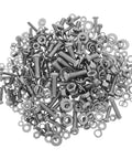 Solid Stainless Steel 108 Piece Machine Screw Nuts And Washers Assortment Kit Bolts Flat Hardware scattered on a white background.