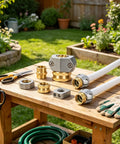Heavy Duty Garden Hose Repair Kit With 5/8 and 3/4 Inch Brass Connectors Swivel Attachment Stainless Steel Clamp To Fix Leaks Fast And Get Your Outdoor Watering Setup Back On Track For A Cool Summer on a garden workbench with hose and tools