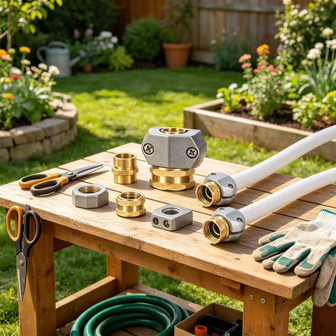 Heavy Duty Garden Hose Repair Kit With 5/8 and 3/4 Inch Brass Connectors Swivel Attachment Stainless Steel Clamp To Fix Leaks Fast And Get Your Outdoor Watering Setup Back On Track For A Cool Summer on a garden workbench with hose and tools