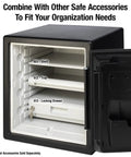 Multi-Position Shelf Insert For 0.8 And 1.2 Cu Ft Fireproof Safes White Tray Accessory in open safe with shelves and drawer