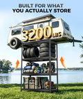 Heavy Duty 4 Tier Wire Storage Rack With 3200 Lbs Total Capacity 800 Lbs Per Shelf Beefy Steel Uprights 4mm Wire Shelves Matte Black Powder Coat 40 Inch Wide By 20 Inch Deep By 60 Inch High Ideal For Garage Or Storage, loaded with camping gear