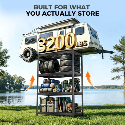 Heavy Duty 4 Tier Wire Storage Rack With 3200 Lbs Total Capacity 800 Lbs Per Shelf Beefy Steel Uprights 4mm Wire Shelves Matte Black Powder Coat 40 Inch Wide By 20 Inch Deep By 60 Inch High Ideal For Garage Or Storage, loaded with camping gear