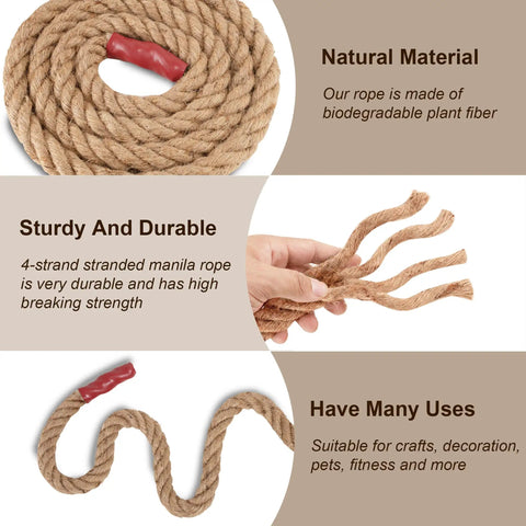 Natural Jute Manila Rope 4 Strand Twisted Hemp Fiber, Heavy Duty Rope For Sports Tug Of War, Decor, Crafts, Pet Toys, Fitness, Indoor Outdoor Use, 1.25 Inch By 98 Feet with close-up of fibers.