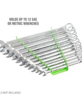Green magnetic wrench organizer tray holding 12 metallic wrenches, SAE and metric tools, showing storage rail for tool boxes and drawers.