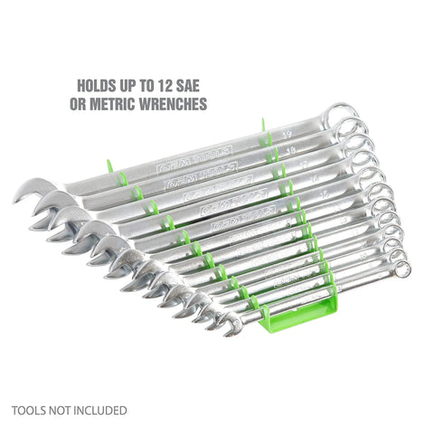 Green magnetic wrench organizer tray holding 12 metallic wrenches, SAE and metric tools, showing storage rail for tool boxes and drawers.