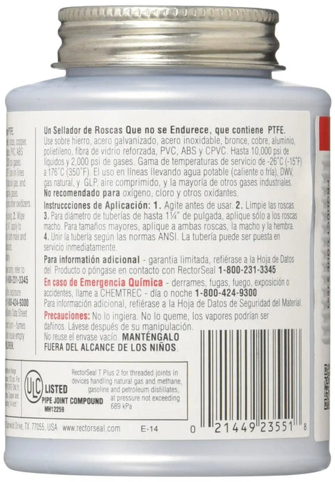 Back view of T Plus 2 Pipe Thread Sealant With PTFE White Non Setting 8 Oz Brush Top No Mess Applicator Meets TT-S-1732 Standard