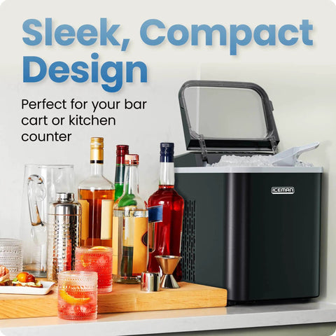 Compact Pebble Ice Maker For Countertop, Nugget Ice Machine displayed on kitchen counter with bottles and glassware.