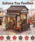 DIY Book Nook Kit Sakura Tea Pavilion 3D Wooden Puzzle Japanese Miniature House Kit For Adults And Beginners Bookshelf Insert Decor 220 Pieces 3 Hour Build