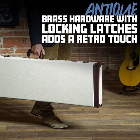 Journeyman Series Deluxe Wood Bass Case Built Tough For Electric Bass Guitars, Fits Fender Precision And Jazz Basses And More, Heavy Duty Plywood Shell, Vintage Burlap Exterior With Royal Blue Accents, Antique Brass Locking Latch, hard case being carried