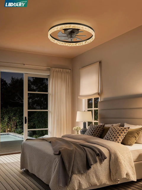 Slick 20 Inch Modern Ceiling Fan With Lights And Remote Dimmable installed in a cozy bedroom, black finish, low profile.