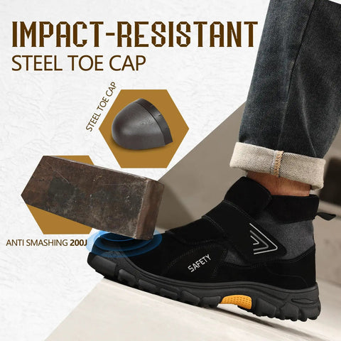 Close-up of black Men's Slip On Steel Toe Welding Work Boots with hook and loop closure, showing impact-resistant steel toe protection.