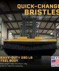 Heavy Duty Forklift Broom Attachment With 60 Inch Sweeping Path And 8 Dense Poly Rows Built Like A Tank For Smooth Operator Warehouse Maintenance, 280 lb steel body.