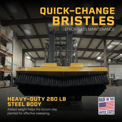 Heavy Duty Forklift Broom Attachment With 60 Inch Sweeping Path And 8 Dense Poly Rows Built Like A Tank For Smooth Operator Warehouse Maintenance, 280 lb steel body.