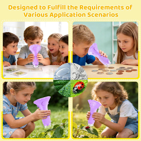 Children using Kid Friendly Microscope 200x Zoom With 2 Inch HD Camera, STEM Learning Kit, exploring plants and coins, perfect for STEM education.