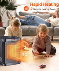 Tiny But Mighty 1500W PTC Ceramic Space Heater with thermostat heating a room with children playing, showcasing 2S rapid heating.