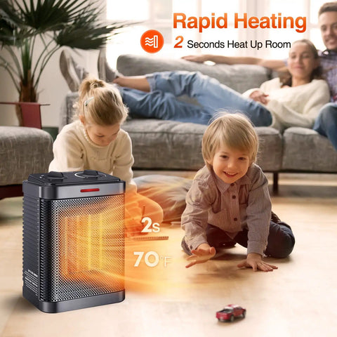 Tiny But Mighty 1500W PTC Ceramic Space Heater with thermostat heating a room with children playing, showcasing 2S rapid heating.