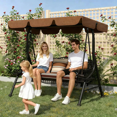Family sitting on Three Seat Outdoor Patio Swing Chair With Large Convertible Canopy Porch Glider Hammock Lounge Chair For Porch Rattan Wicker Steel Frame Cushions And Pillows Brown