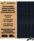Overlander-E 200W Solar Expansion Kit For RVs, Easy Plug And Play 12V Panels With MC4 Connectors, Perfect For Expanding Factory Installed 200W RV Solar Arrays And Overlander Kits. Image displays the solar panel and packaging box with connectors visible.
