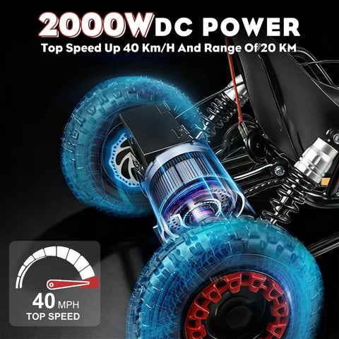 Close-up view of Electric Go Kart For Adults And Kids With 2100W Motor, showcasing motor and off road tire, 40 mph top speed display.