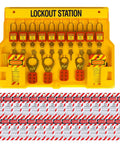No Fuss Lockout Tagout Station And Group Safety Kit Featuring Osha Compliant Pads Hasps Tags And Hooks Job Site Ready Hanging Board with lockout tags.