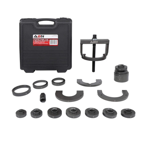 Universal Wheel Bearing Puller Kit And Hub Removal Tool with case and 21-piece set for vehicles with independent suspension systems.