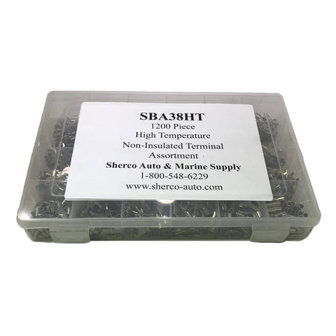 All In One 1200 Piece High Temp Crimp Wire Connector Kit 900 Degree Fahrenheit Nickel Plated Steel Ring Spade Butt Terminal Connectors Non Insulated Male And Female Electrical Assortment Made In USA in clear plastic case.