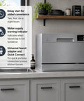 Straight Up Countertop Dishwasher With Six Quick Rinse Cycles And Bright Led Touch Panel Featuring Easy Sink Hookup Digital Timer And Zero Hassle Cleanup For Daily Grinds displayed near sink with features on a panel.