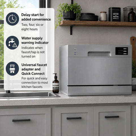 Straight Up Countertop Dishwasher With Six Quick Rinse Cycles And Bright Led Touch Panel Featuring Easy Sink Hookup Digital Timer And Zero Hassle Cleanup For Daily Grinds displayed near sink with features on a panel.
