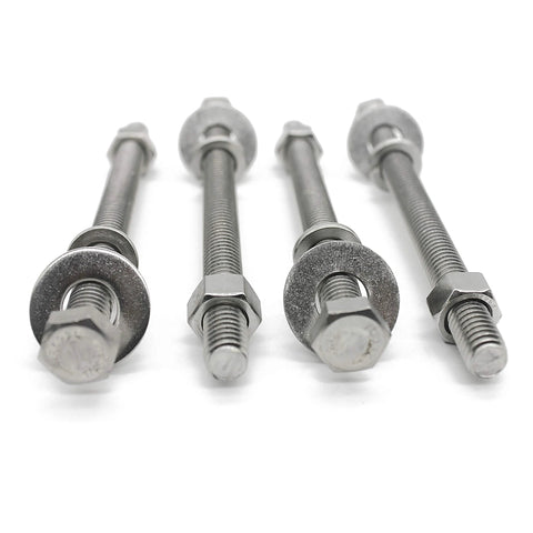 Four stainless steel 5/16-18 hex head bolts, fully threaded, with fender flat washers, split-lock washers, and nuts.