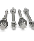 Four Tough-As-Nails 3/8-16 X 5 stainless steel hex bolts with nuts, flat and lock washers, fully threaded, in a row.