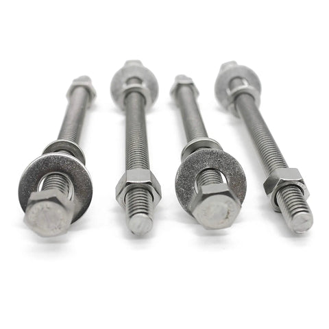 Four Tough-As-Nails 3/8-16 X 5 stainless steel hex bolts with nuts, flat and lock washers, fully threaded, in a row.