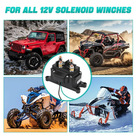 Beefed Up 12V 250A Winch Solenoid Relay Contactor Replacement with ATV UTV boat and 4x4 vehicles background