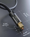Premium Optical Audio Cable TOSLINK To TOSLINK Six Foot Digital Fiber Optic Sound Wire connector detail on a black background.