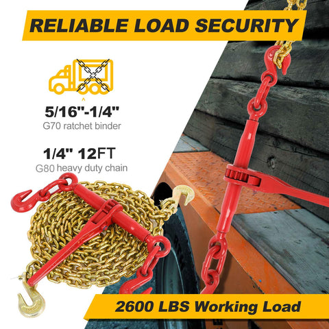 Beefed Up Ratchet Tie Down Kit 1/4 To 5/16 Inch Chain With 12ft Chains And Grappling Hook Two Set 5400 Lbs Working Load