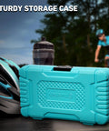 All In One 31 Piece Bicycle Repair Kit With Storage Box displayed beside helmet and bottle on a table outdoors