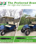 Heavy Duty Golf Cart Shock Absorber Extension Rod Pair Fit For Ezgo Club Car Lift Kits To Raise Body And Kill Bounce With Sweet Smooth Ride On Rough Paths Compatible With Standard Oem Replacement Part Numbers showing original and lifted golf cart.