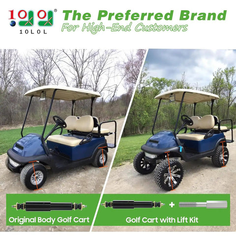 Heavy Duty Golf Cart Shock Absorber Extension Rod Pair Fit For Ezgo Club Car Lift Kits To Raise Body And Kill Bounce With Sweet Smooth Ride On Rough Paths Compatible With Standard Oem Replacement Part Numbers showing original and lifted golf cart.