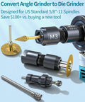 Two Pack Angle Grinder To Die Grinder Adapter Set With Five Eighths Eleven Thread Converts Grinders Into Die Grinders Includes Quarter Inch And Eighth Inch Collets Six And Three Millimeter Extension Rod For Rotary Burrs Wood Carving And Metal Polishing displayed with metal components and extension rods.