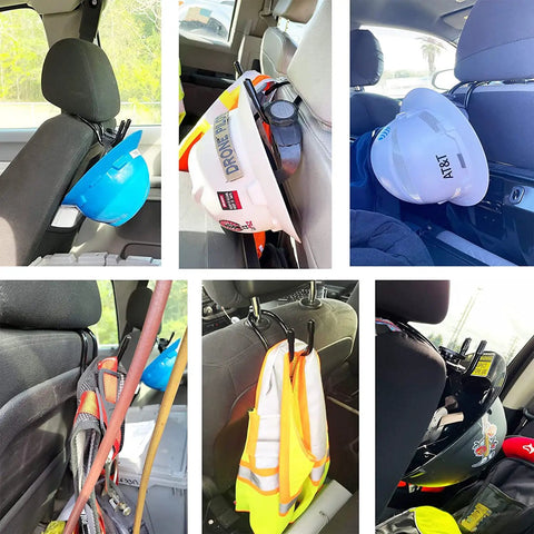 Universal Over The Seat Hard Hat Rack And Headrest Hook For Back Seat Storage holding hard hats and vests