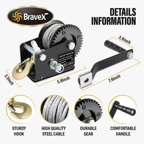 800lbs Capacity Beefy Built Heavy Duty Hand Winch With 26 Foot Steel Cable, details showing sturdy hook and durable gear.