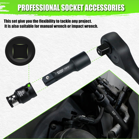 Heavy Duty 18-Piece Impact Socket Extension Set in use with ratchet, showing chrome vanadium steel adapter