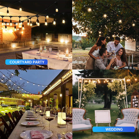 Heavy Duty Outdoor String Light Hanging Kit used in courtyard and wedding settings with tables and decorations