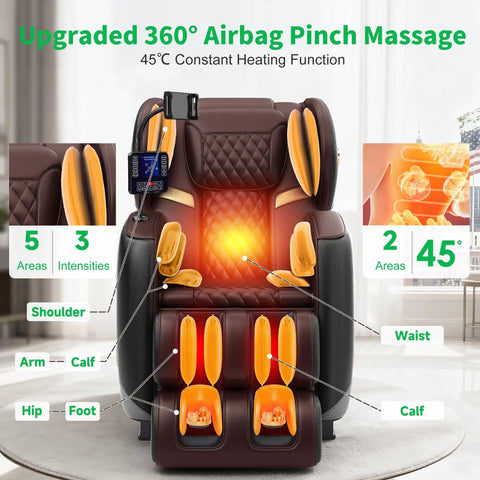 Zero Gravity Full Body Massage Chair With Upgraded 10 Roller Shiatsu System and heated seat focus details, airbags visible
