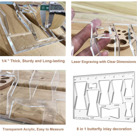 Eight In One Router Template Kit For Woodworking With Bowtie And Butterfly Inlay Jigs, One Quarter Inch Thick Clear Acrylic Router Template Jig display