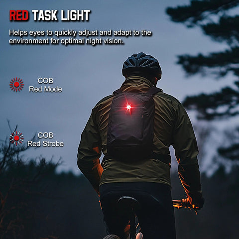 Biker wearing Clip On EDC Ready Rechargeable Pocket Light With 700 Lumen Dual Light Sources, 9 Modes, LED Spotlight And COB Floodlight Plus Red Beam, Magnetic Base, USB-C Charging, Workhorse Ready For Work, Inspection, Camping, Emergency, with red light mode active, during nighttime.
